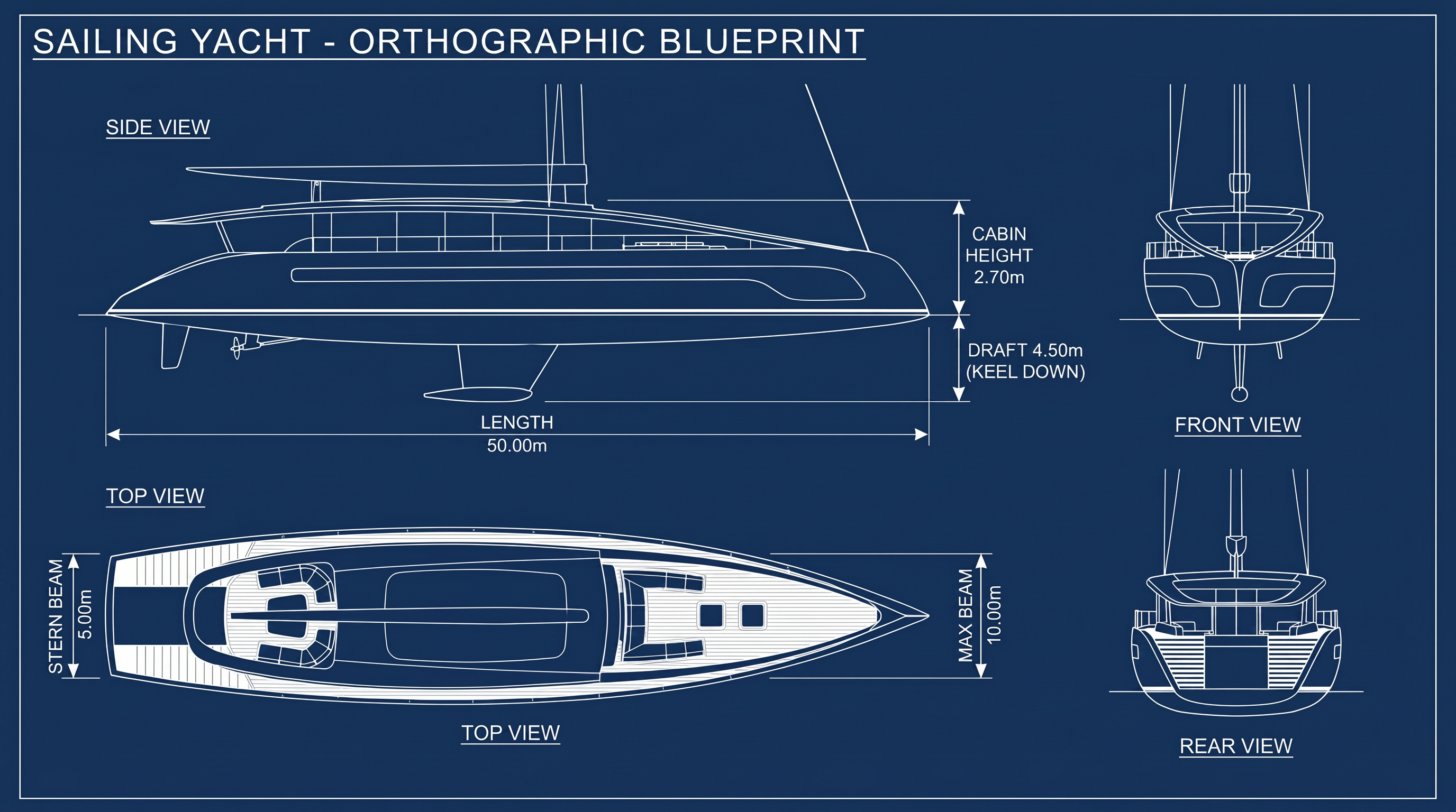 AUREON — orthographic blueprint, 4 views with annotated dimensions
