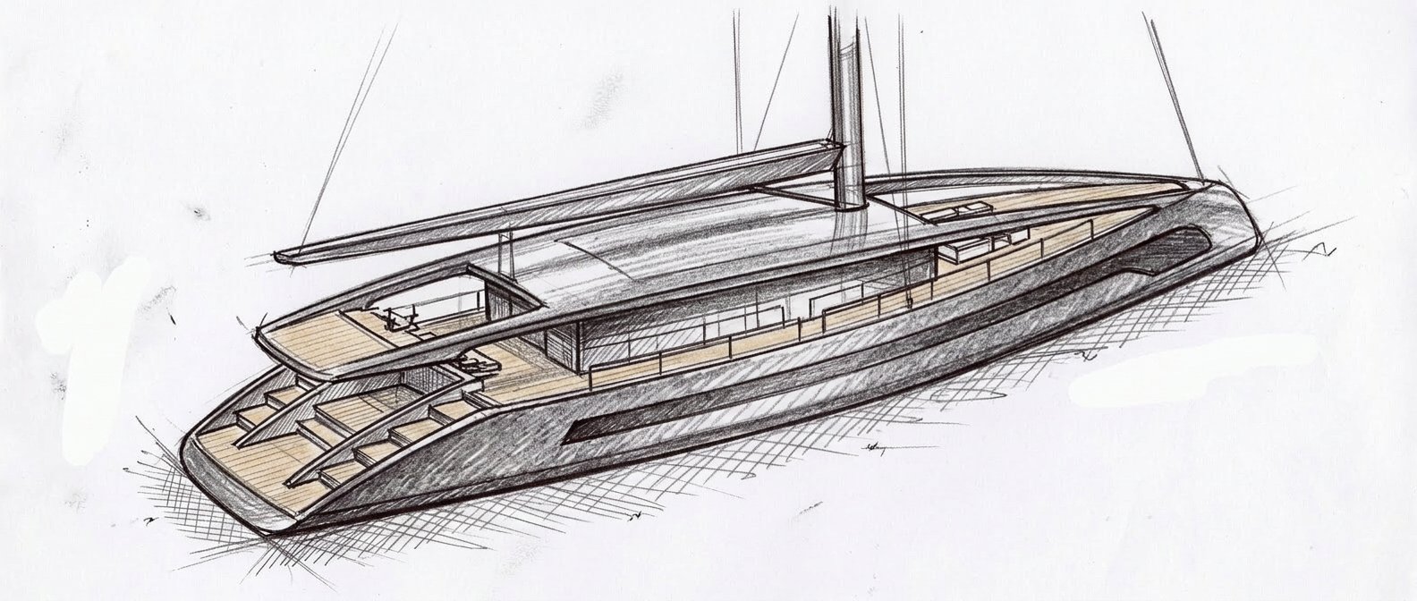 3/4 stern view showing aft staircase teak signature